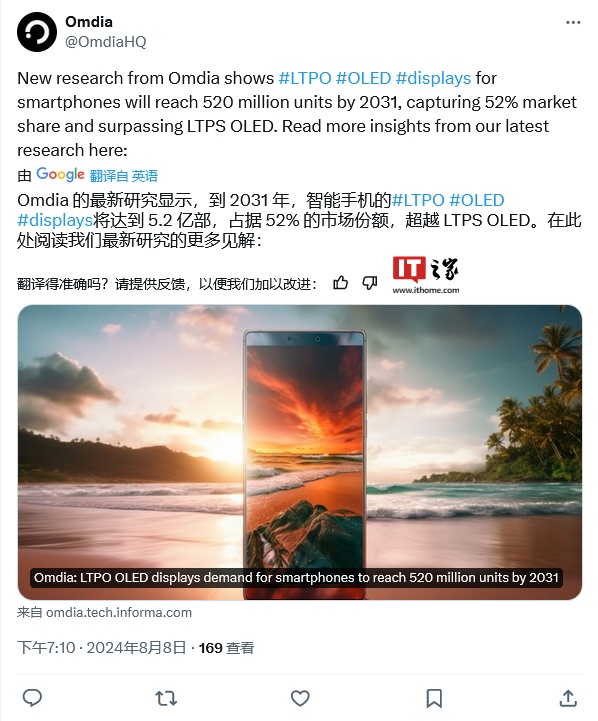 Omdia 预估 2031 年手机 LTPO OLED 面板出货量 5.2 亿片，复合年增长率 8.0%（年增长率.出货量.预估）