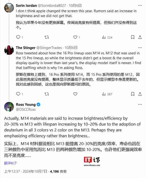 用户反馈 iPhone 16 Pro 显示效果不如前代，罗斯・杨：M14 面板亮度 / 能效提高 20~30%