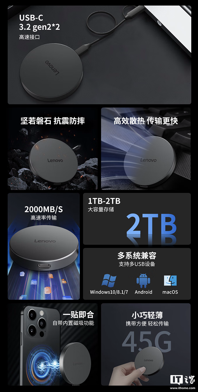 联想推出 Y910 磁吸移动固态硬盘：读速 2000MB/s，1TB 售 559 元（固态.联想.硬盘）