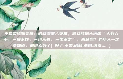王者荣耀新变局：破晓调整六英雄，游戏战局大洗牌“人到六十，三钱不花，三地不去，三亲不走”，啥意思？老年人一定要知道，说得太好了( 好了,不去,破晓,战局,说得.... )